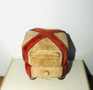 Old Germany Ring Box Mother Of Pearl Push Button Red Metal Bun Feet Velvet Silk