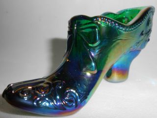 Hunter Green Carnival Glass Bow Pattern Shoe Slipper Boot Iridescent Emerald Art