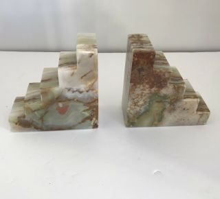 Green Brown Onyx Marble Contemporary Wedge Stair Bookends