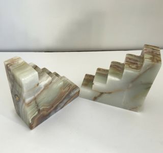 Green Brown Onyx Marble Contemporary Wedge Stair Bookends 4