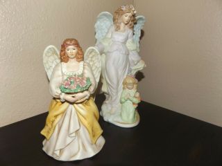 " Home Interior " Set/2 Retired Porcelain Angels,  10 " In.  & 7 " In.