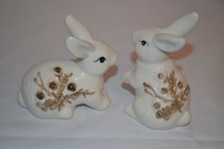 White Bunny Rabbit Salt And Pepper Shakers Floral Pattern,  Rustic,  Shabby Chic
