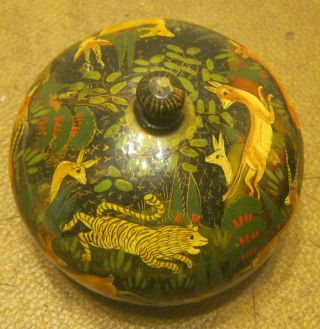 Vintage Hand Painted Lacquer Ware Round Trinket Box Animals Nr