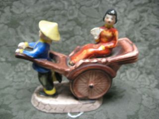 Vintage Ceramic Hand Painted Occupied Japan Rickshaw With Passenger Figurine