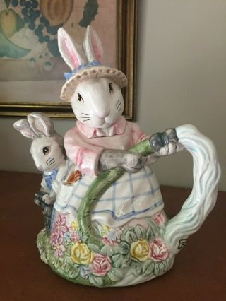 Fitz & Floyd 1989 Mother And Son Bunny Rabbits With Garden Hose 30 Oz Teapot