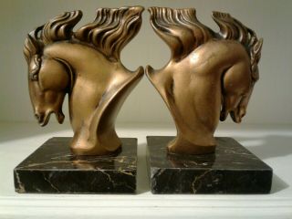 ❤vintage Art Deco Bookends Horse Head W/flowing Mane And Black Marble Bases