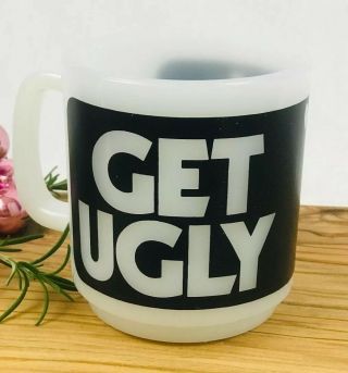 Vintage Glasbake USA Get Ugly Black White Milk Glass Coffee Mug Cup 4
