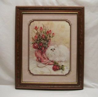 Home Interior Homco " Ladies Boot With Roses & White Cat & Pearls " Picture (ds)