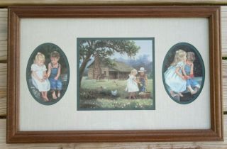 Home Interior Framed Matted Trio Picture Little Boy & Girl W Flowers 22 " X 14 "