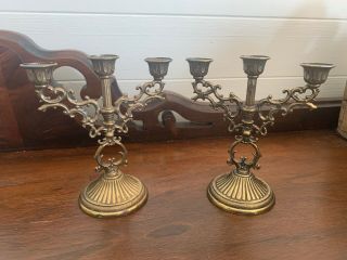 2 Vintage Brass Small Candelabra Three Candle Holder Italy Mini Metal Ornate