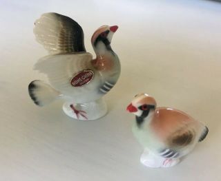 2 Pc.  Vintage Bone China Miniature Pheasant Family Figurines Japan,  Sticker Bird