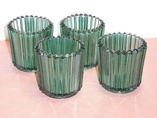 Set Of 4 Green Glass Ribbed Votive Candle Holder Cups W/ Saw Tooth Rims