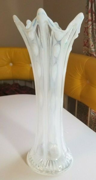 Vintage White Pearl Clear Glass Stretch Swing Vase Hobnail Milk Glass