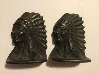 Vintage Set Of Cast Iron Native American Indian Chief Book Ends 4 " H X 3 " L Pair