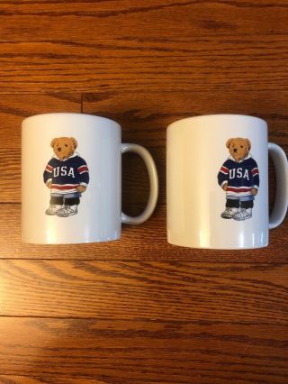 Set Of 2 Polo Ralph Lauren Usa Hockey Bear Mug Coffee Cup 1997 Vintage