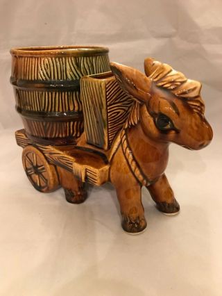 Large Porcelain Donkey With Double Planter Brown Green Glaze
