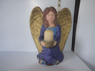 Large Colorful Ceramic Angel Candle Holder Blue W/golden Wings,  Votive Candle