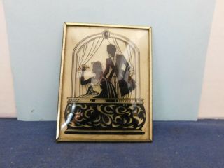 Vintage Reverse Painted Silhouette Bubble Convex Glass Man Women In Opera Box