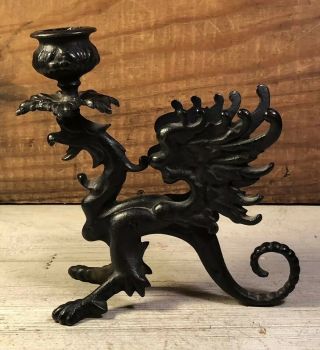 Vintage Black Cast Metal Iron Dragon Fantasy Candle Holder