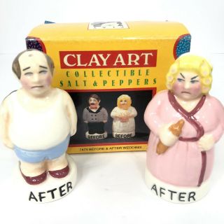 Vintage Bride Groom Salt Pepper Shakers Marriage Newlywed Gag Gift Clay Art 
