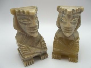 Vintage Aztec Tiki Marble Bookends Pair Carved Stone