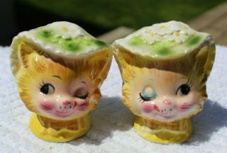 Vintage Anthropomorphic Enesco Winking Yellow Cats Salt And Pepper Shakers