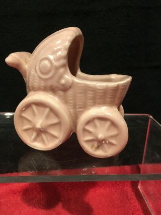 Baby Buggy Carriage Vintage Mini Pink Glazed Ceramic Planter Shower Gift