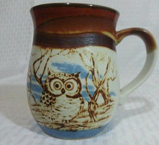 Vintage Retro Owl Coffee Mug 11 Ounce Ceramic Stoneware 1970s Boho Brown,  Blue
