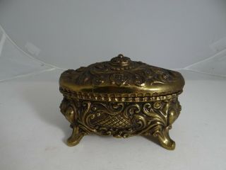 Vintage Ornate Gold Tone Victorian Metal Footed Hinged Trinket Box Velvet Lined