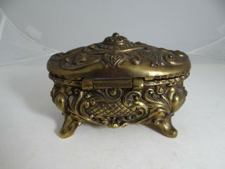 Vintage Ornate Gold Tone Victorian Metal Footed Hinged Trinket Box Velvet Lined 3