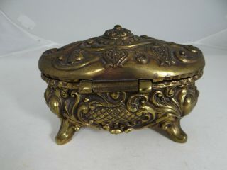 Vintage Ornate Gold Tone Victorian Metal Footed Hinged Trinket Box Velvet Lined 4