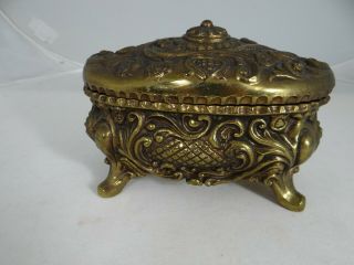 Vintage Ornate Gold Tone Victorian Metal Footed Hinged Trinket Box Velvet Lined 5