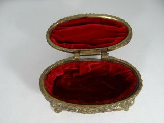 Vintage Ornate Gold Tone Victorian Metal Footed Hinged Trinket Box Velvet Lined 6
