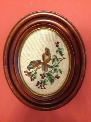 Vintage Needlepoint & Petit Point Birds Picture In Oval Wood Frame W/glass