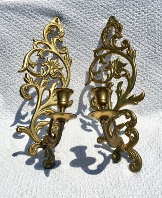 Pair Vintage Ornate Rococo Brass Metal Wall Candle Holders Sconces