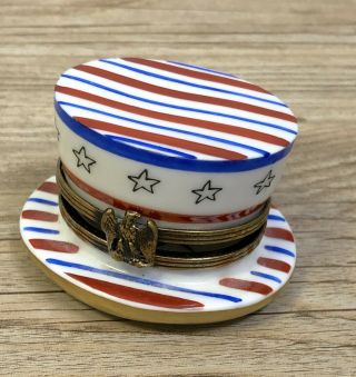 Limoges Trinket Box - Uncle Sam American Flag Hat With Stars & Stripes & Eagle