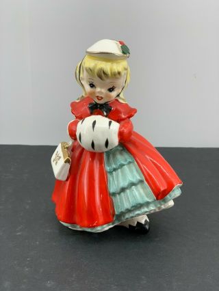Vintage Napco Ceramic Christmas Shopper Girl Figurine W/ Purse Ax1690ta Japan