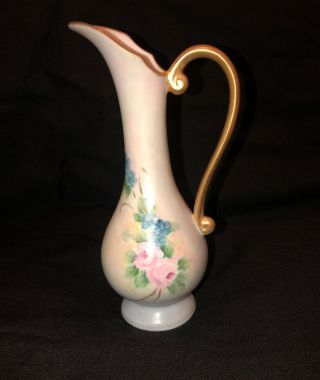 Pretty Vintage Hand Painted Signed Small Water Pitcher Vase Blue N Pink Flowers