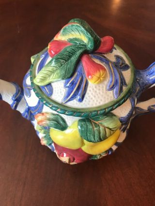 Fitz And Floyd Classics Teapot Fruit Motif—Pears,  Apples,  Tomatoes— Blue & White 2