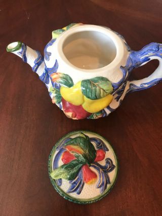 Fitz And Floyd Classics Teapot Fruit Motif—Pears,  Apples,  Tomatoes— Blue & White 5
