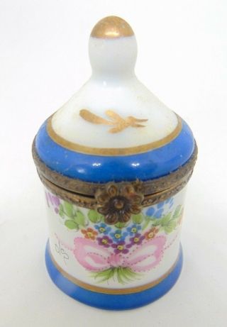 Limoges France Peint Main Trinket Blue Porcelain Jar W Miniature Perfume Bottle