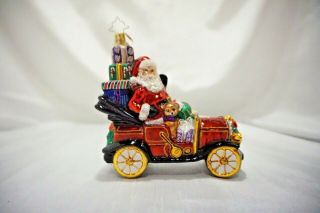 Christopher Radko Santa In Old Red Car W Stacked Gifts Glass Ornament W Tag