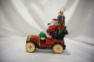 Christopher Radko Santa in Old Red Car w Stacked Gifts Glass Ornament w Tag 2