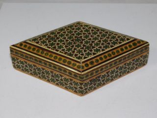 Vintage Geometric Inlaid Micro Mosaic Indian Wooden Diamond Shape Trinket Box