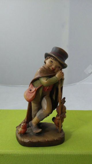 Vintage Anri Ferrandiz Carved Wood Miniature Figurine Boy With Bird And Rabbit