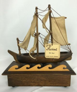 George Good Music Box Vintage Sailing Ship/ Boat - Wooden - Moves Up & Down W/ Music