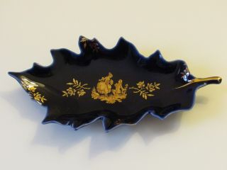F.  M.  Limoges France Cobalt Blue Gold Porcelain Trinket Tray Or Dish; Oak Leaf