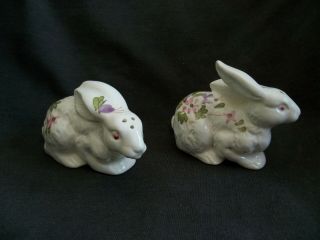 Cute White Bunny Rabbit Salt And Pepper Shakers With Floral Nature Prints Purple