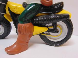 LARGE Vintage 1970 ' s Atlantic Mold Ceramic Boy RIDING A MOTORCYCLE GREEN YELLOW 4