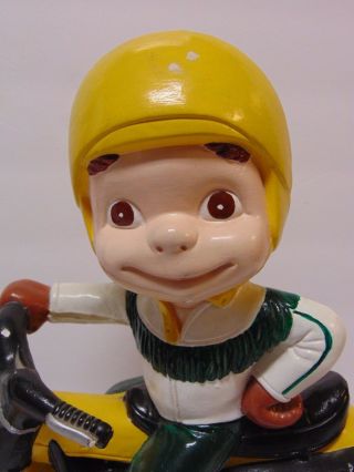 LARGE Vintage 1970 ' s Atlantic Mold Ceramic Boy RIDING A MOTORCYCLE GREEN YELLOW 5